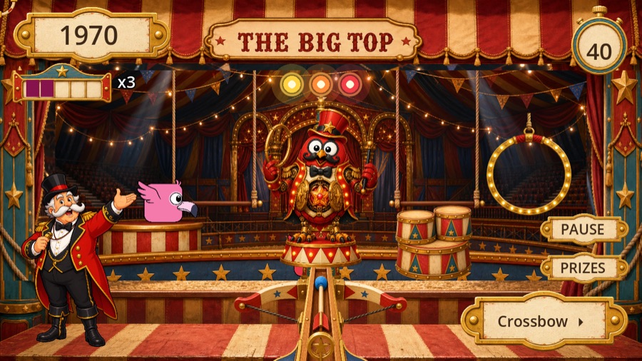 the Big Top booth, circus rigging and trapeze targets