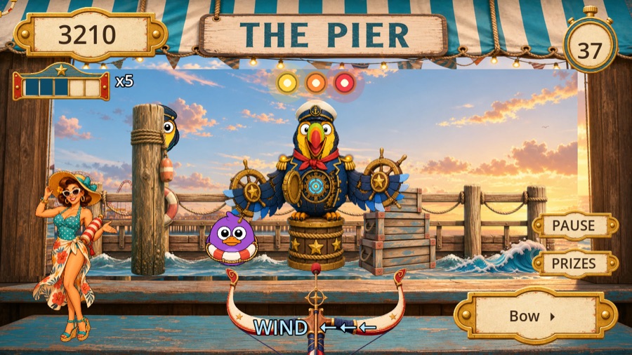 the Pier booth, seaside stalls with a crosswind pushing shots off line