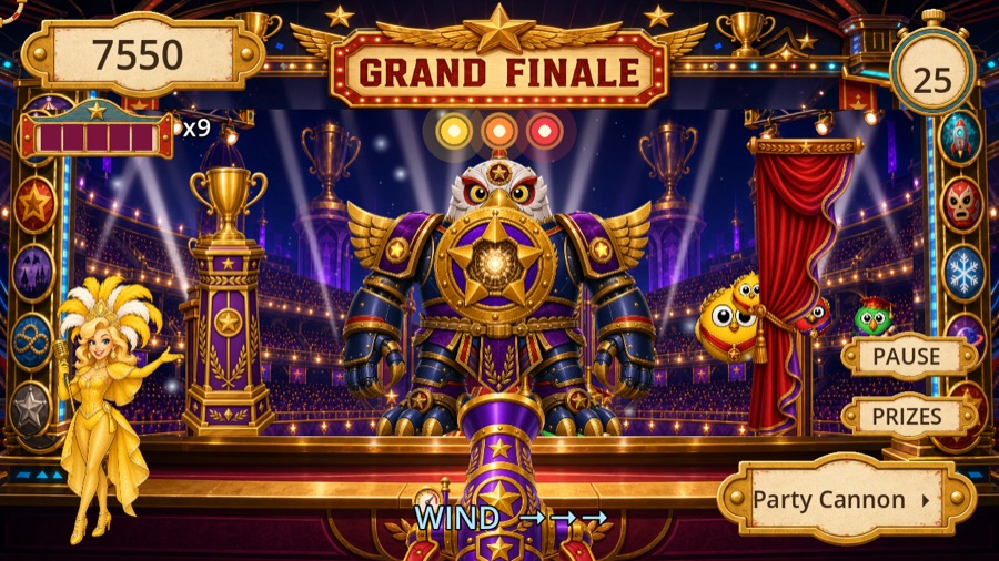the Grand Finale booth, a huge armoured mega-boss on a spotlit stage