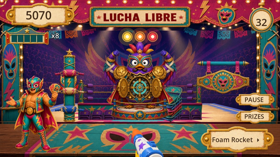 the Lucha Libre booth, a masked boss bird in a wrestling ring
