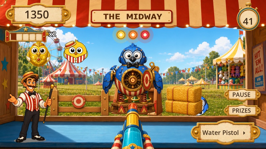 the Midway booth, a mechanical boss bird on springs under a striped awning
