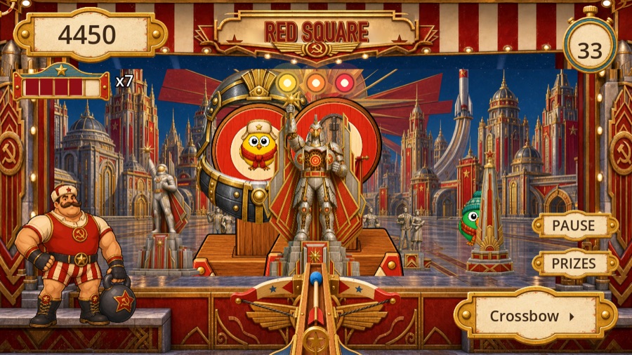 the Red Square booth, an armoured boss before a monumental facade
