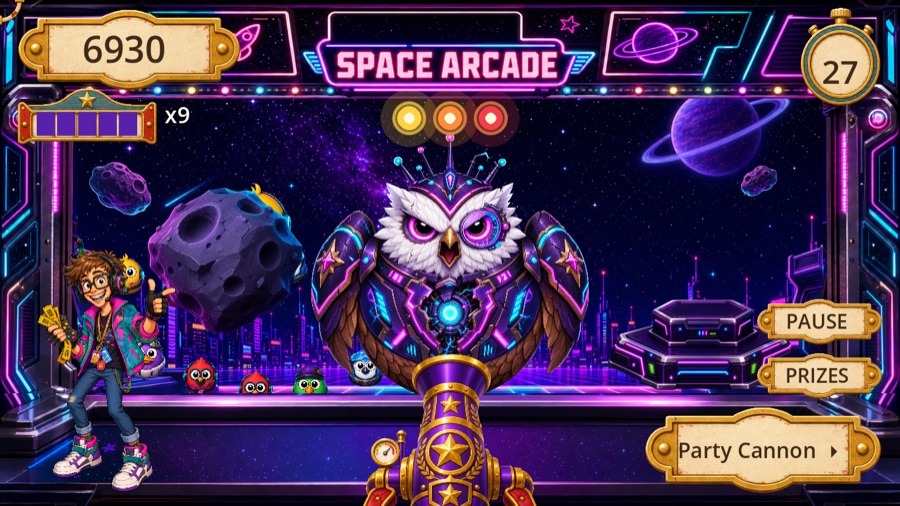 the Neon Space Arcade booth, an armoured owl boss and a swarm of birds