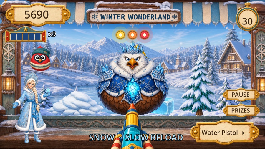 the Winter Wonderland booth with snow falling across the gallery