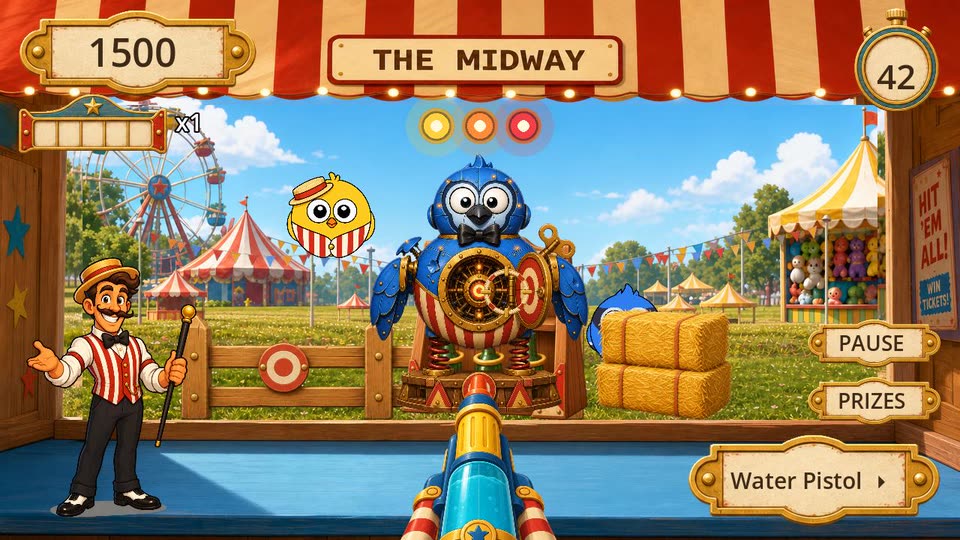The Midway booth: a mechanical boss bird on springs, the hawker at the counter, and a water pistol resting on the rail